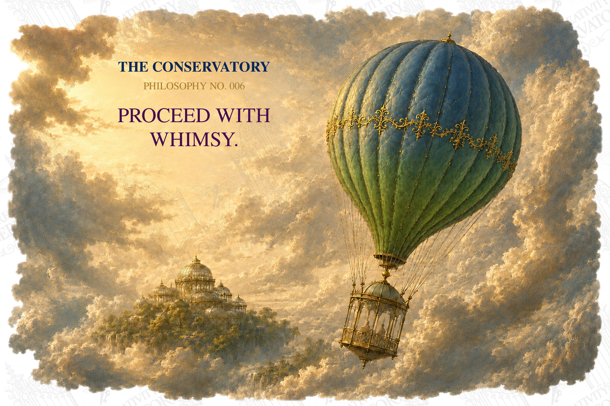 Proceed With Whimsy — Philosophy No. 006 apparel artwork; faint diagonal Wondergate watermark across the entire image
