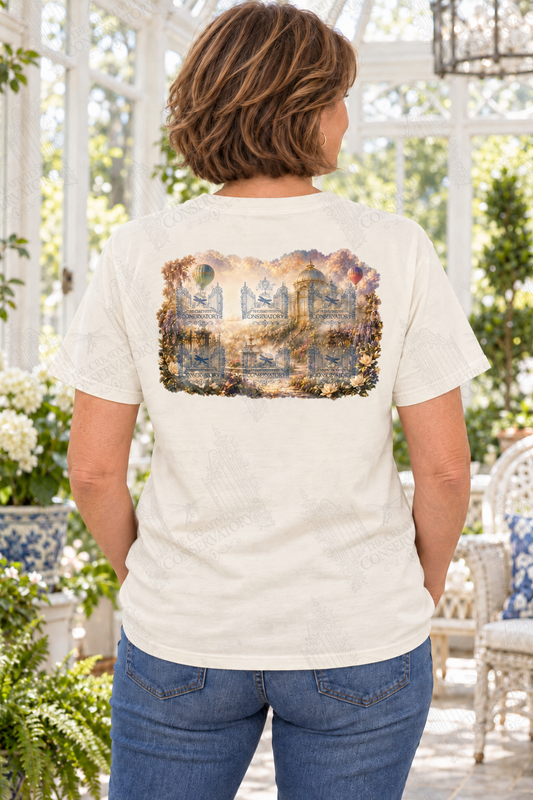 Mature brunette white woman modeling the Philosophy Landscapes with Pocket Motifs Creativity Conservatory design on the back; faint diagonal Wondergate watermark across the entire image