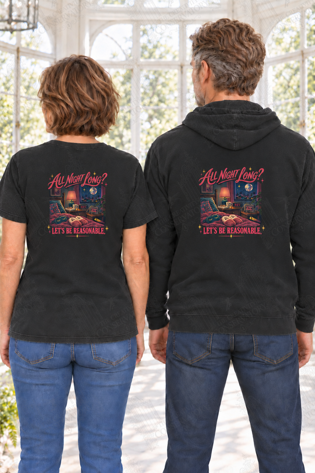 All Night Long? Let’s Be Reasonable — back print on approved middle-aged T-shirt and hoodie models; proportional 10-inch-wide artwork; faint diagonal Wondergate watermark across the entire image