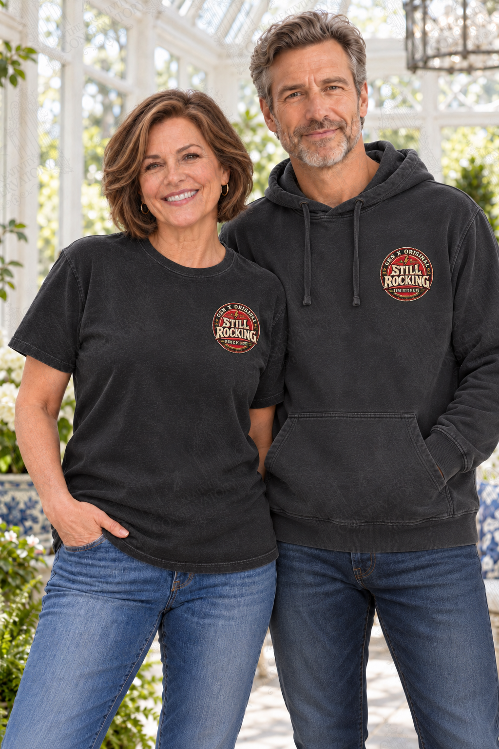 Rock Anthem coordinating Gen X Still Rocking upper-left chest pocket motif on approved middle-aged T-shirt and hoodie models; faint diagonal Wondergate watermark across the entire image