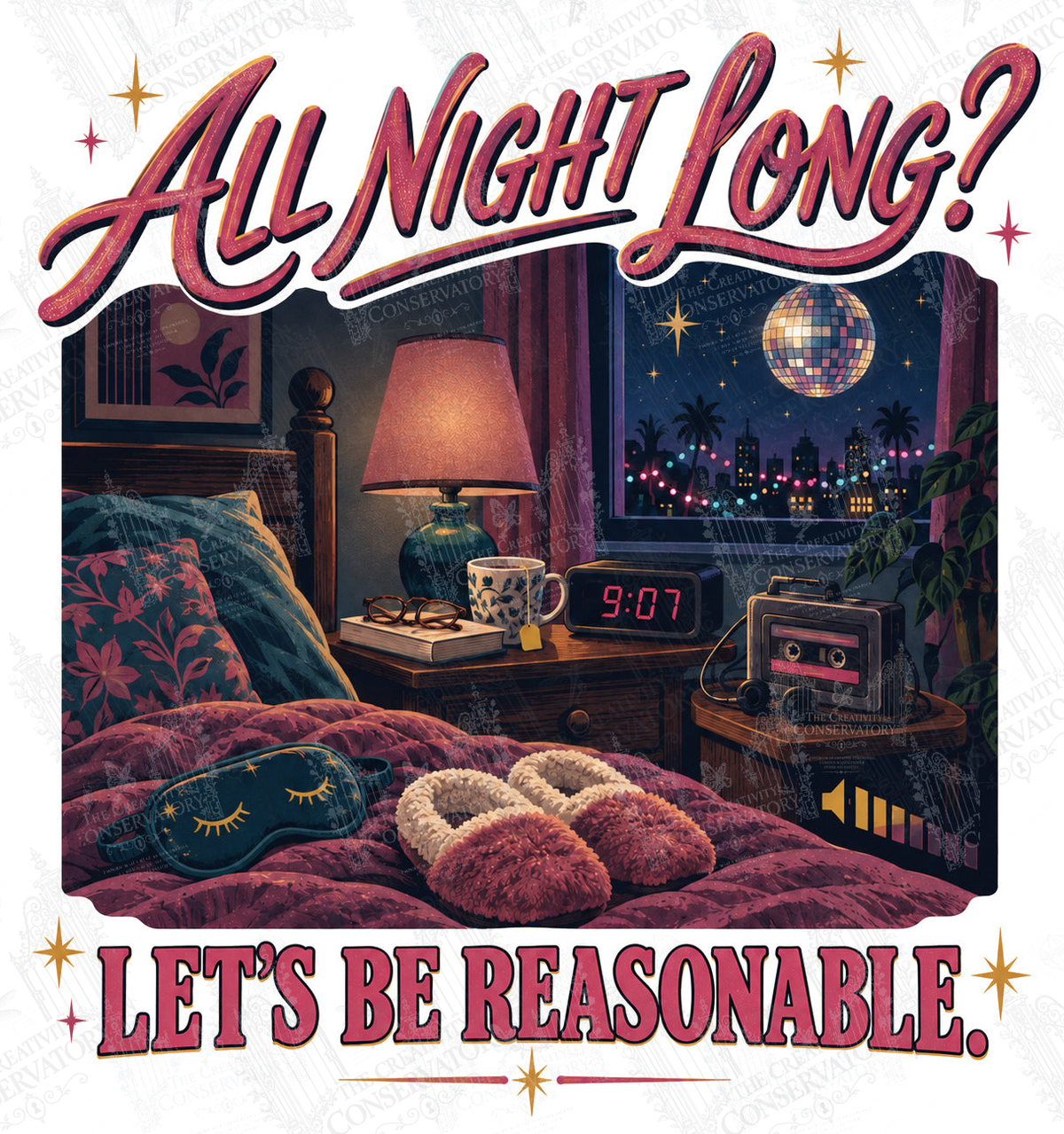 All Night Long? Let’s Be Reasonable artwork with Wondergate watermark; faint diagonal Wondergate watermark across the entire image