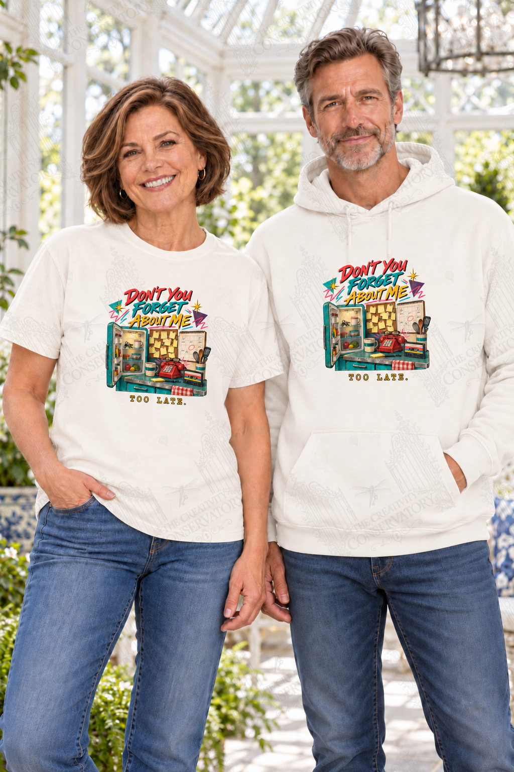 Don’t You Forget About Me—Too Late — front-print Comfort Colors T-shirt and hoodie on approved middle-aged models; proportional 10-inch-wide artwork; faint diagonal Wondergate watermark across the entire image