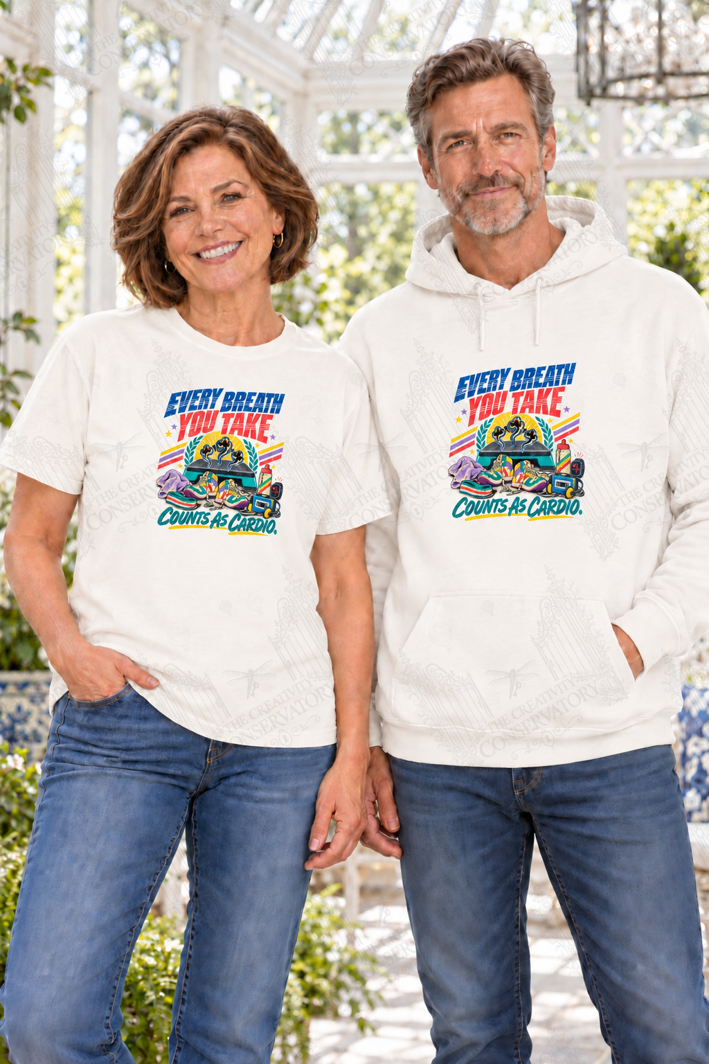 Every Breath You Take Counts as Cardio — front-print T-shirt and hoodie on approved middle-aged models; proportional 10-inch-wide artwork; faint diagonal Wondergate watermark across the entire image