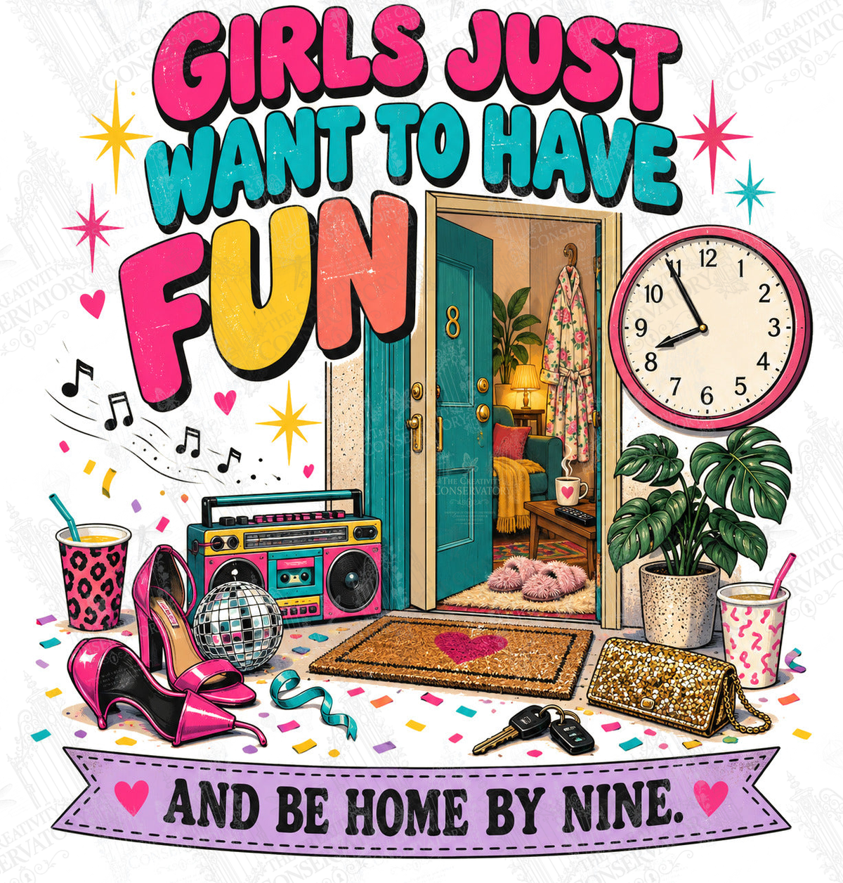 Girls Just Want to Have Fun—and Be Home by Nine artwork with Wondergate watermark; faint diagonal Wondergate watermark across the entire image