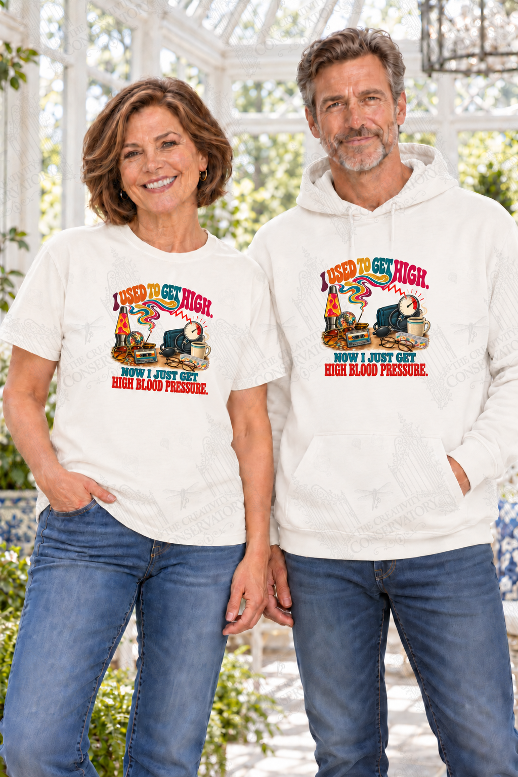 I Used to Get High—Now I Just Get High Blood Pressure — front print on approved middle-aged T-shirt and hoodie models; proportional 10-inch-wide artwork; faint diagonal Wondergate watermark across the entire image