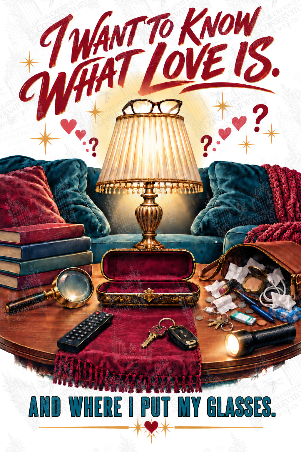 I Want to Know What Love Is—and Where I Put My Glasses artwork with Wondergate watermark; faint diagonal Wondergate watermark across the entire image