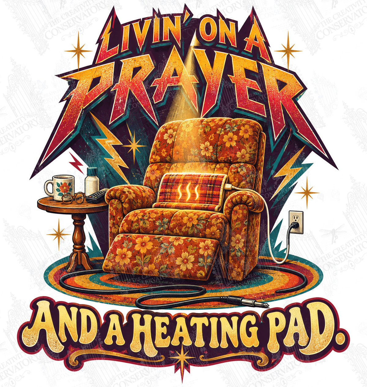 Livin’ on a Prayer and a Heating Pad artwork with Wondergate watermark; faint diagonal Wondergate watermark across the entire image