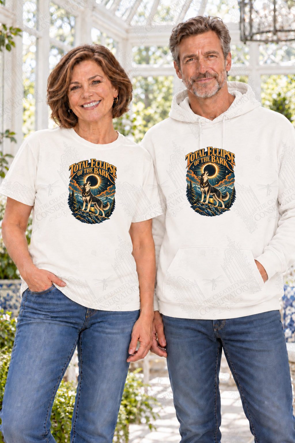 Total Eclipse of the Bark — front print on approved middle-aged T-shirt and hoodie models; proportional 10-inch-wide artwork; faint diagonal Wondergate watermark across the entire image