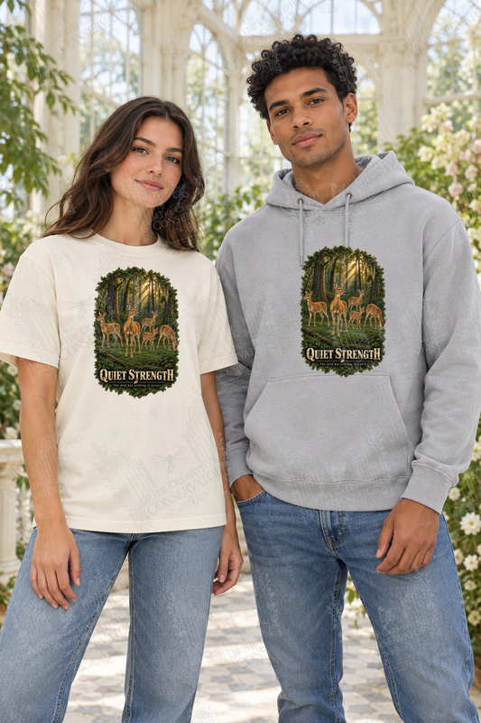 Quiet Strength front-print Comfort Colors T-shirt and hoodie mockup with Wondergate watermark; faint diagonal Wondergate watermark across the entire image
