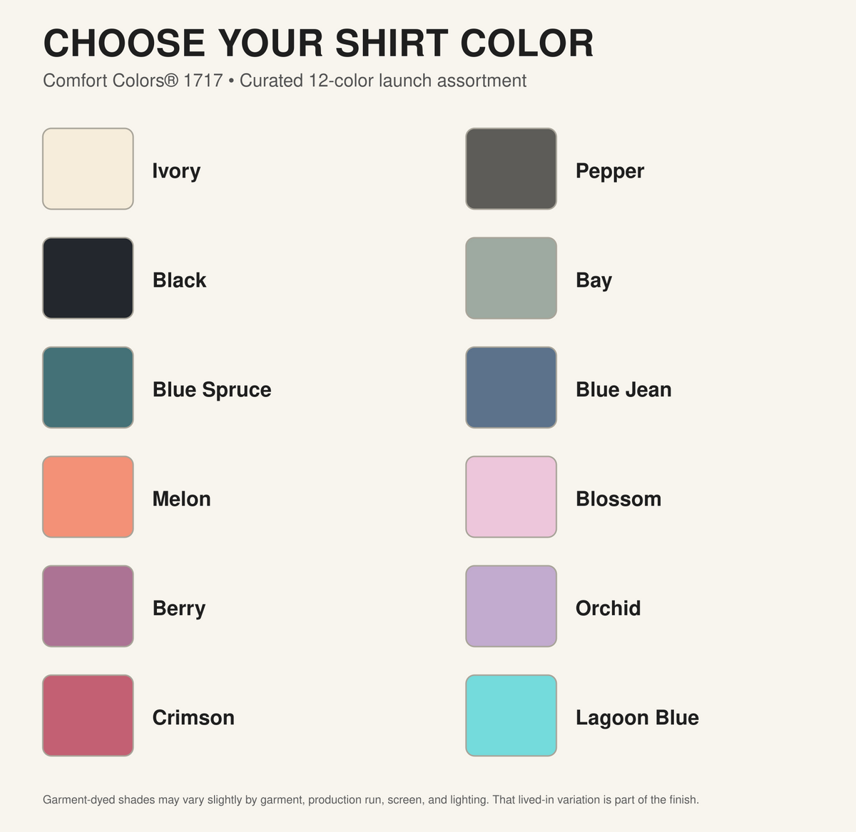 Comfort Colors 1717 T-shirt curated 12-color options