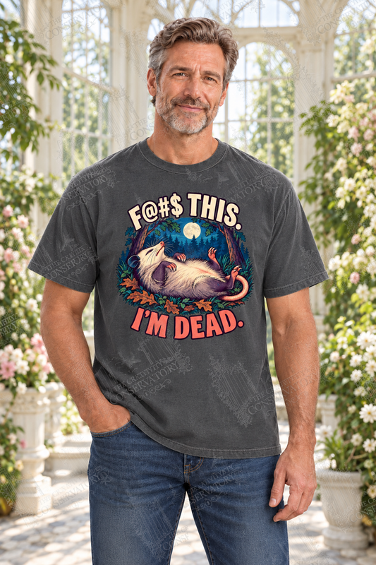 F@#$ This, I’m Dead on an approved middle-aged model, proportionate 10-inch front print, visible Wondergate watermark across entire photograph