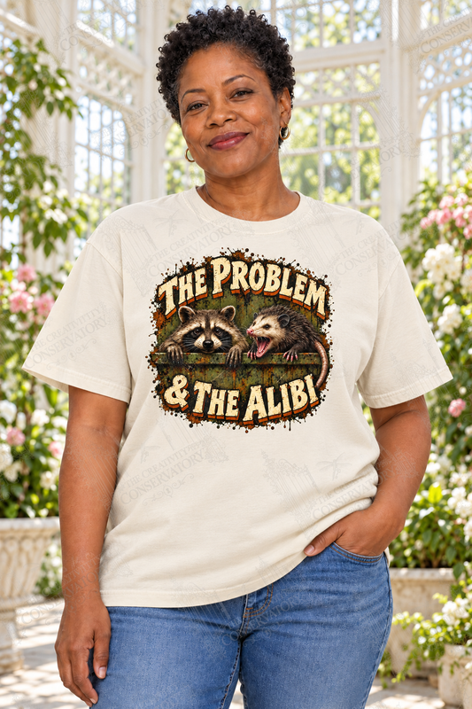 The Problem and the Alibi on an approved middle-aged model, proportionate 10-inch front print, visible Wondergate watermark across entire photograph