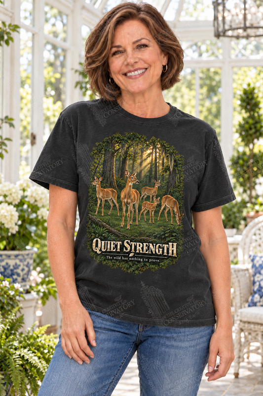 Quiet Strength on approved middle-aged model, proportionate 10-inch front print; full-photo Wondergate watermark