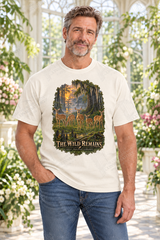 The Wild Remains on approved middle-aged model, proportionate 10-inch front print; full-photo Wondergate watermark