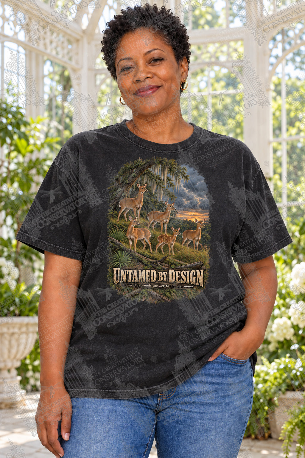 Untamed by Design on approved middle-aged model, proportionate 10-inch front print; full-photo Wondergate watermark