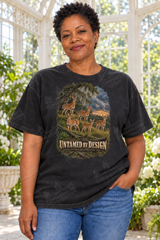 Untamed by Design on approved middle-aged model, proportionate 10-inch front print; full-photo Wondergate watermark