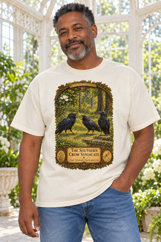The Southern Crow Syndicate on approved middle-aged model, proportionate 10-inch front print; full-photo Wondergate watermark