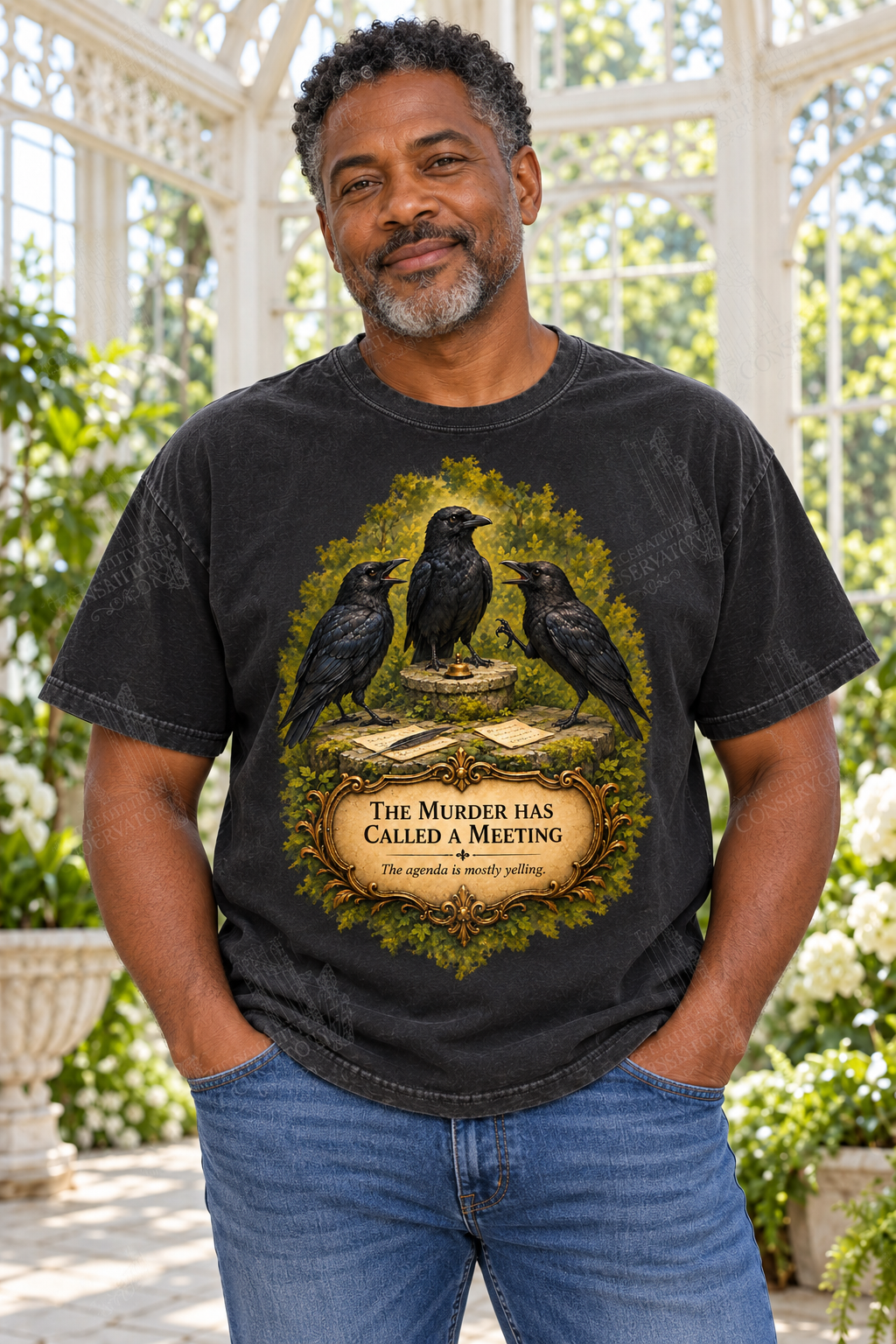 The Murder Has Called a Meeting on approved middle-aged model, proportionate 10-inch front print; full-photo Wondergate watermark