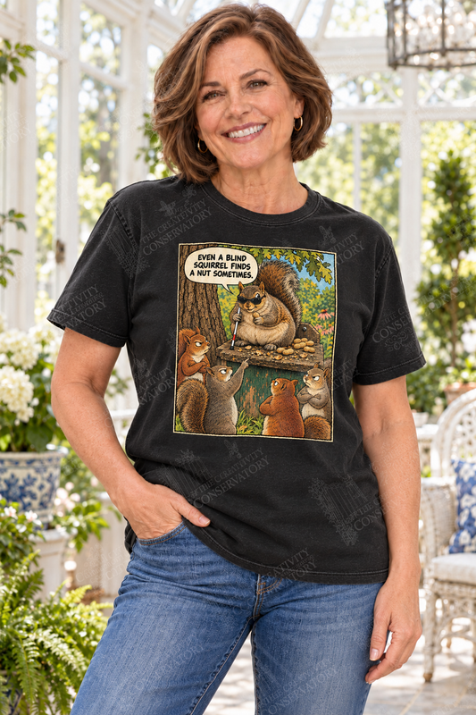 Blind Squirrel shirt modeled by an approved Conservatory Life model