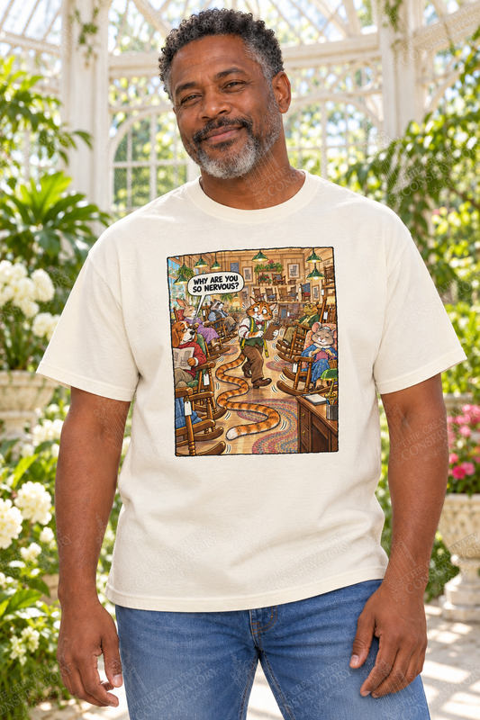 Long-Tailed Cat shirt modeled by an approved Conservatory Life model