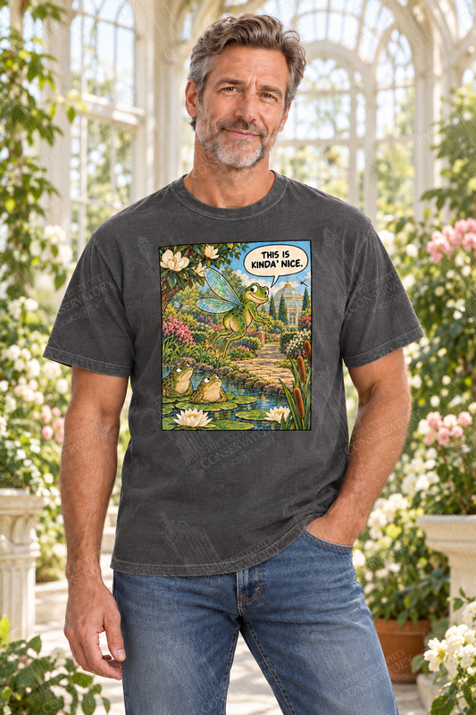 Winged Frog shirt modeled by an approved Conservatory Life model