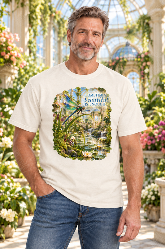 Sometimes Beautiful Is Enough shirt modeled by an approved Conservatory Life model