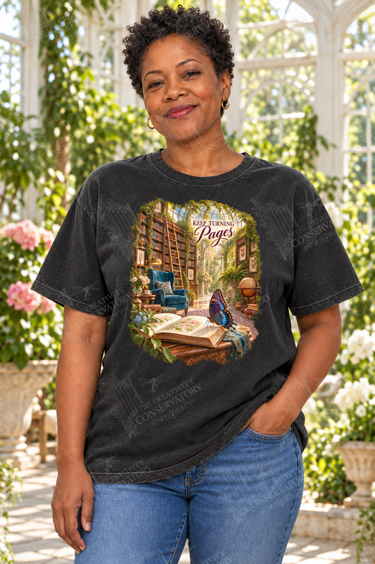 Keep Turning Pages shirt modeled by an approved Conservatory Life model