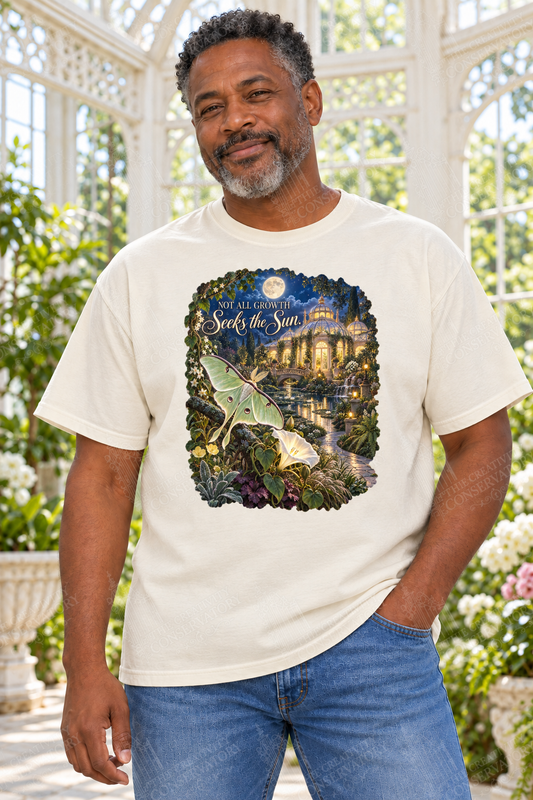 Not All Growth Seeks the Sun shirt modeled by an approved Conservatory Life model
