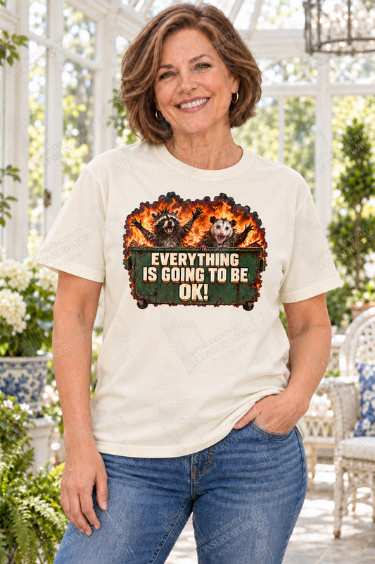 Everything Is Going to Be OK! on approved middle-aged brunette model, 10-inch front print; Wondergate watermark across whole photograph