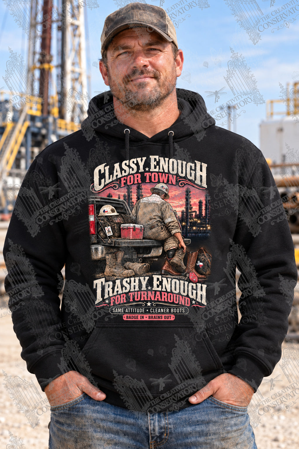 Construction model wearing a black Gildan G185 hoodie with Classy Enough for Town artwork