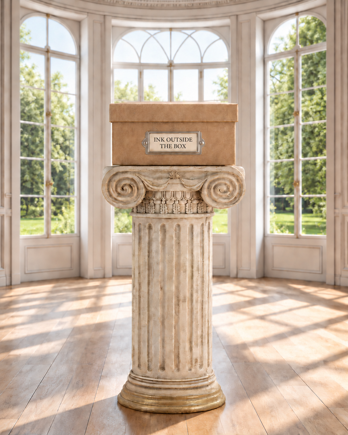 Ink Outside the Box closed kraft archival presentation box on an ivory pedestal in the Conservatory.