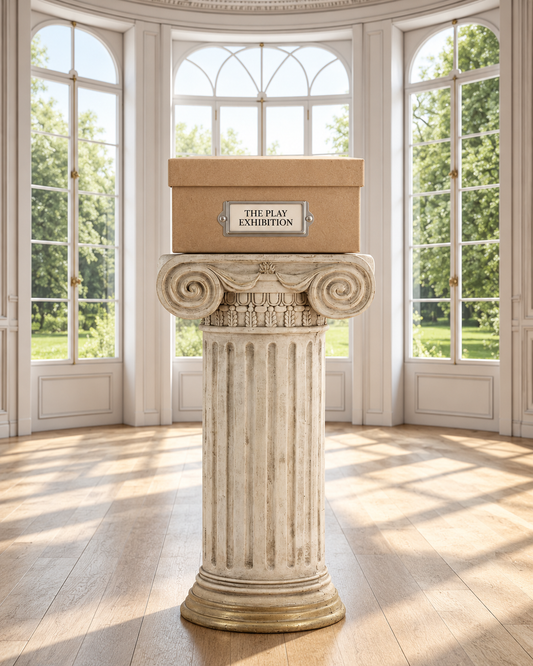 Closed Play Exhibition museum box displayed on the Creativity Conservatory pedestal