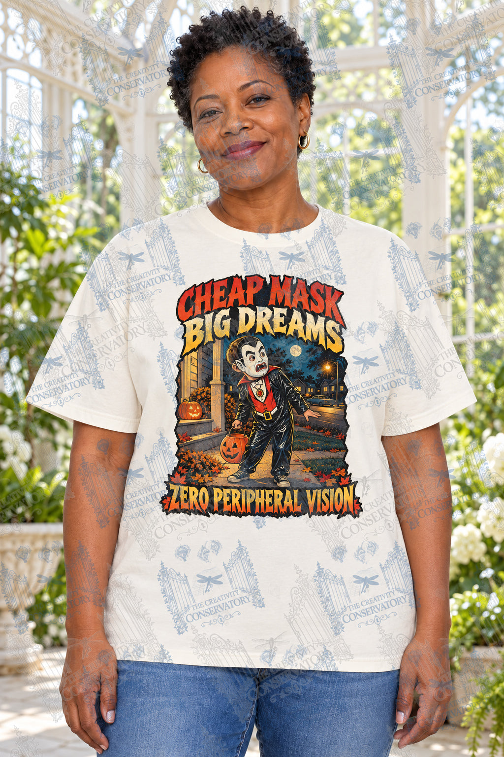 Cheap Mask, Big Dreams—Zero Peripheral Vision | Comfort Colors Preorder; one approved middle-aged model, front print and visible watermark across full photograph