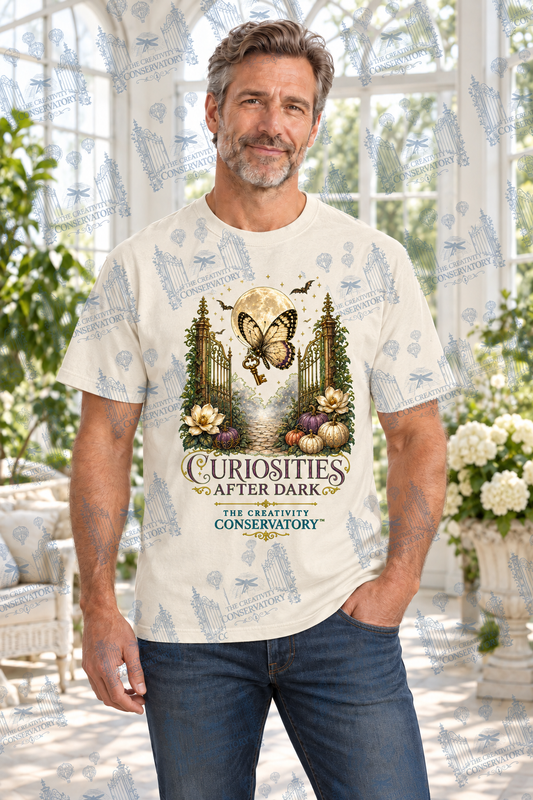 Curiosities After Dark | Comfort Colors Preorder; one approved middle-aged model, front print and visible watermark across full photograph