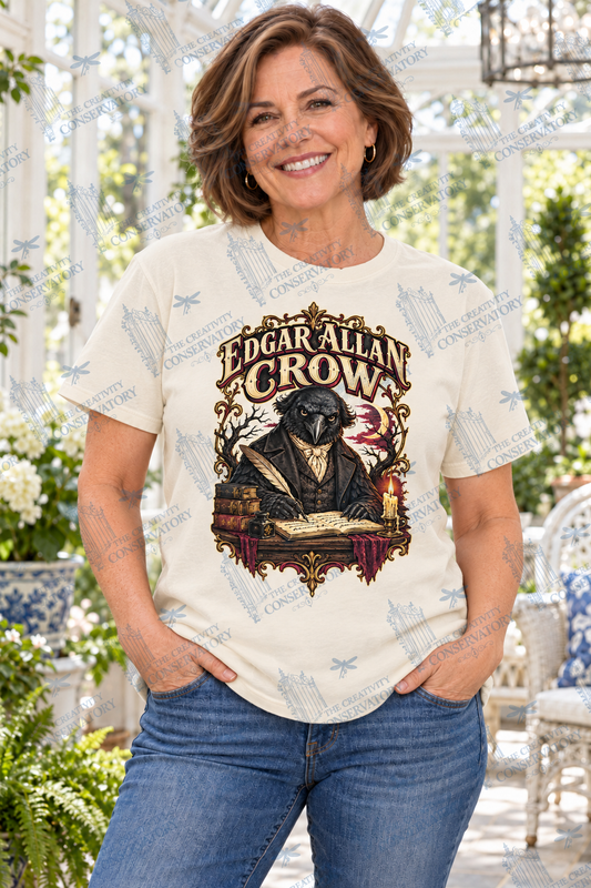 Edgar Allan Crow | Comfort Colors Preorder; one approved middle-aged model, front print and visible watermark across full photograph
