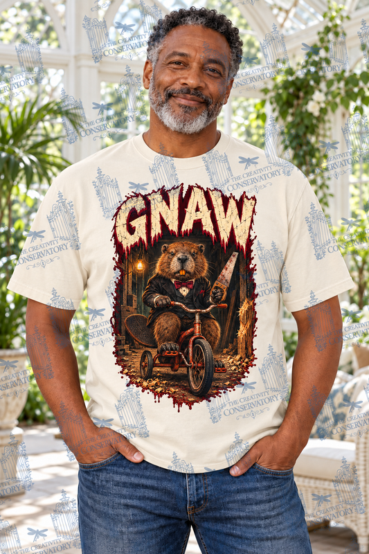 GNAW | Comfort Colors Preorder; one approved middle-aged model, front print and visible watermark across full photograph
