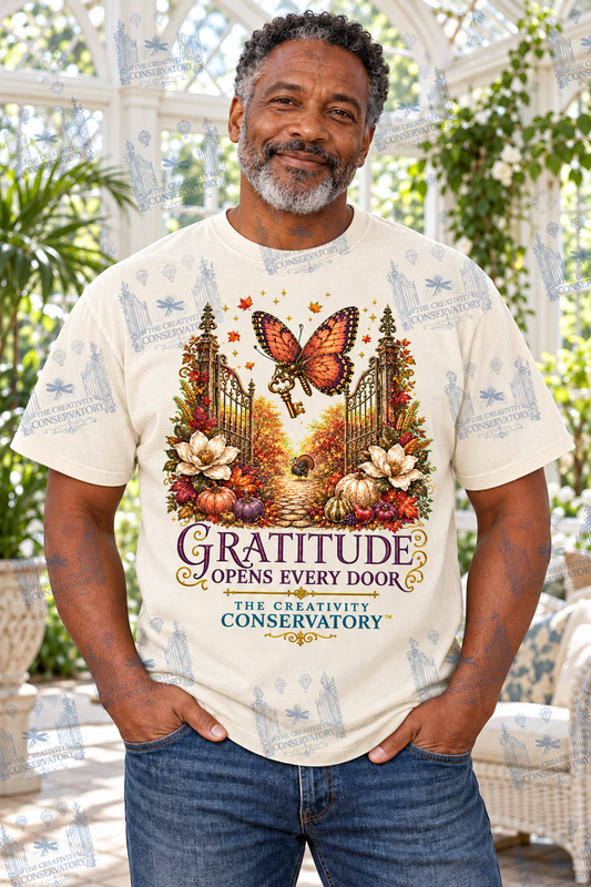 Gratitude Opens Every Door | Comfort Colors Preorder; one approved middle-aged model, front print and visible watermark across full photograph