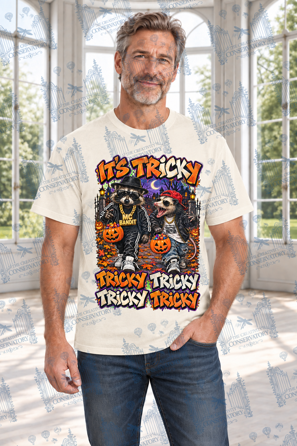 It's Tricky front-print T-shirt on approved middle-aged model; visible watermark across entire photograph