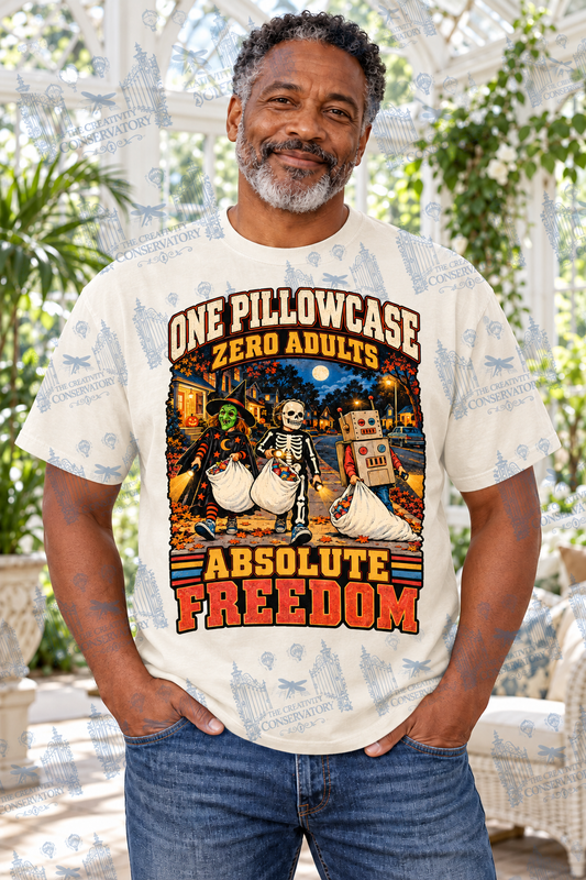 One Pillowcase, Zero Adults—Absolute Freedom | Comfort Colors Preorder; one approved middle-aged model, front print and visible watermark across full photograph