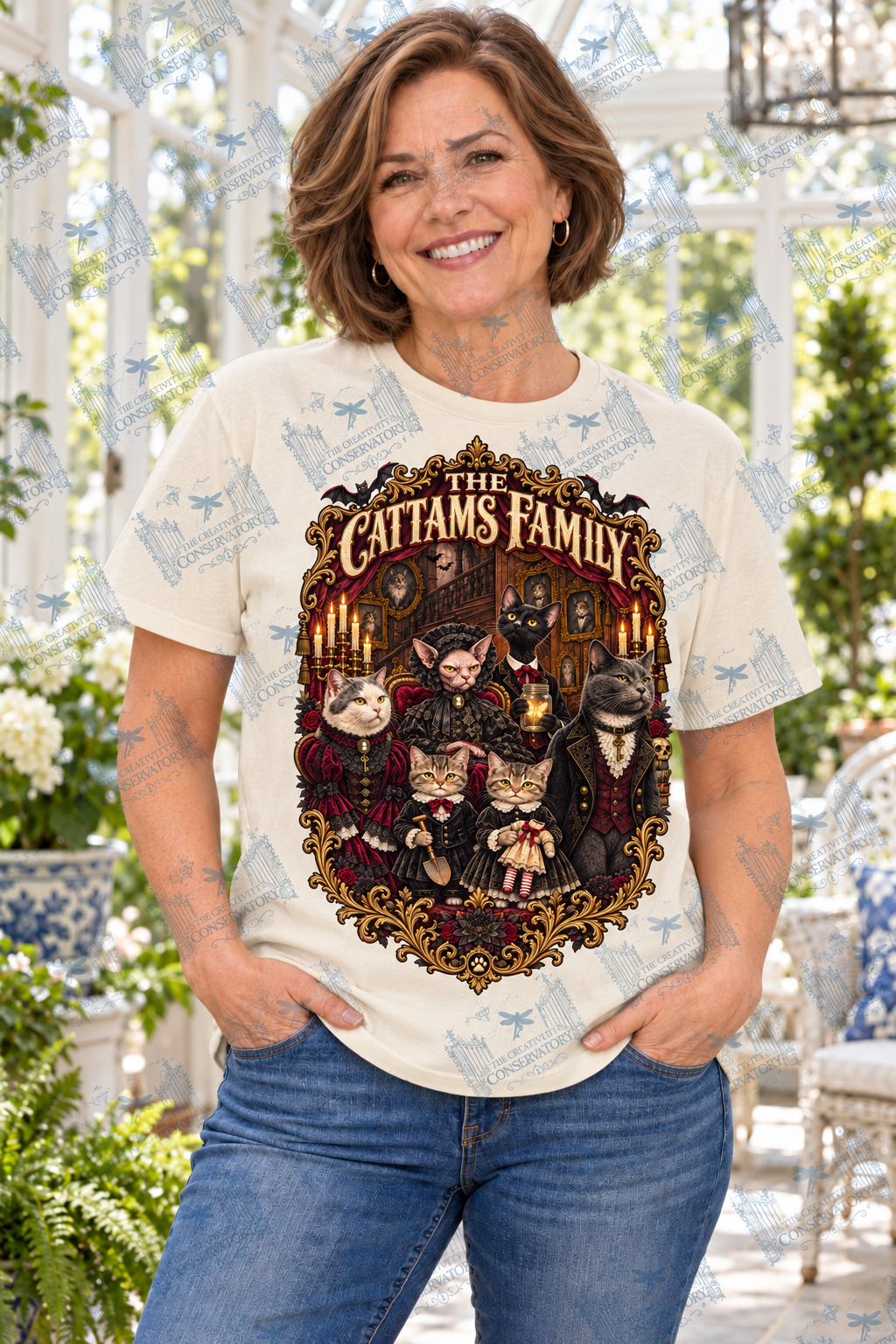 The Cattams Family | Comfort Colors Preorder; one approved middle-aged model, front print and visible watermark across full photograph