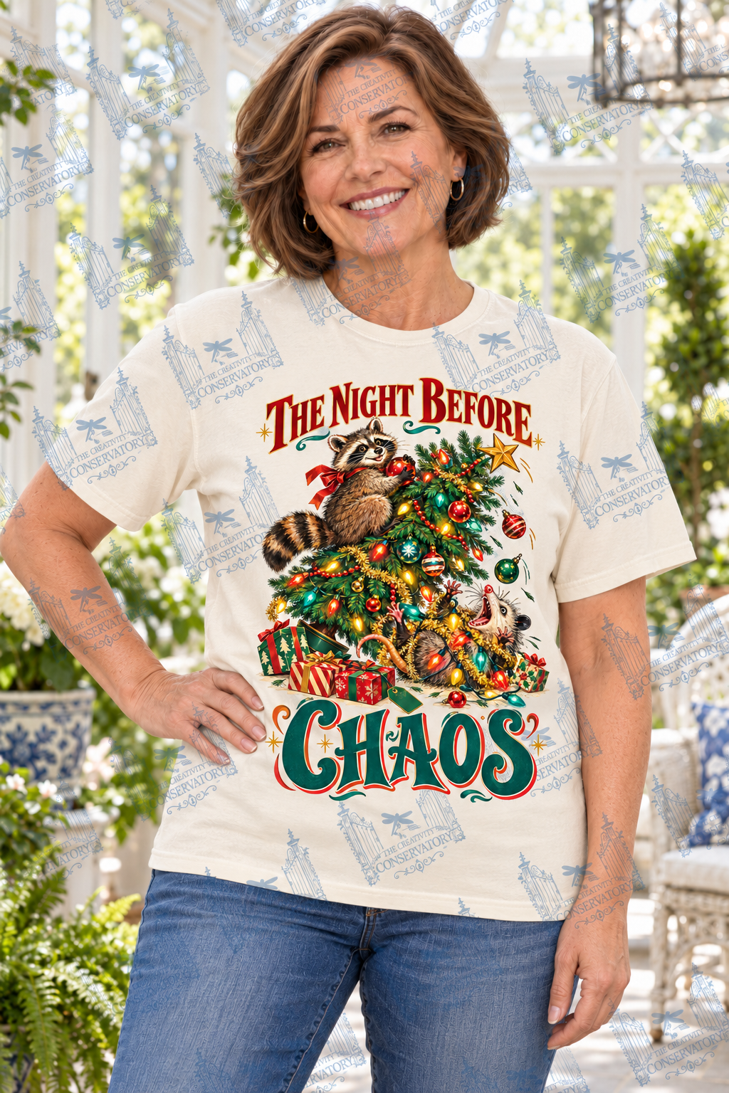 The Night Before Chaos | Comfort Colors Preorder; one approved middle-aged model, front print and visible watermark across full photograph