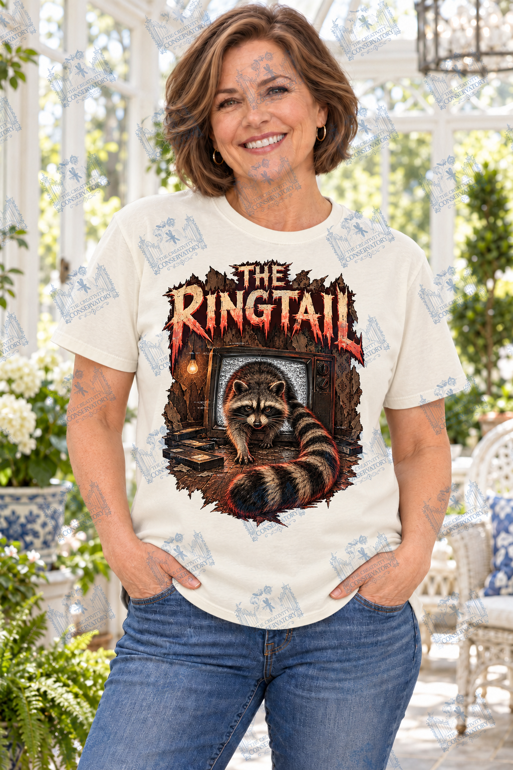 The Ringtail | Comfort Colors Preorder; one approved middle-aged model, front print and visible watermark across full photograph