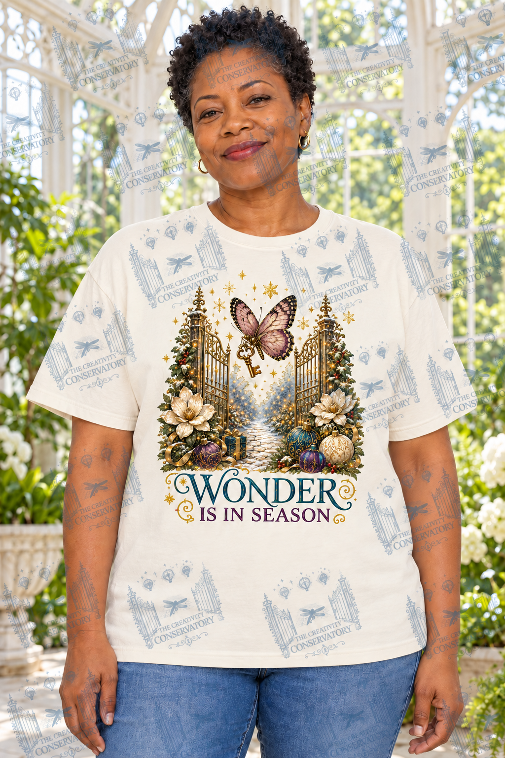 Wonder Is in Season | Comfort Colors Preorder; one approved middle-aged model, front print and visible watermark across full photograph